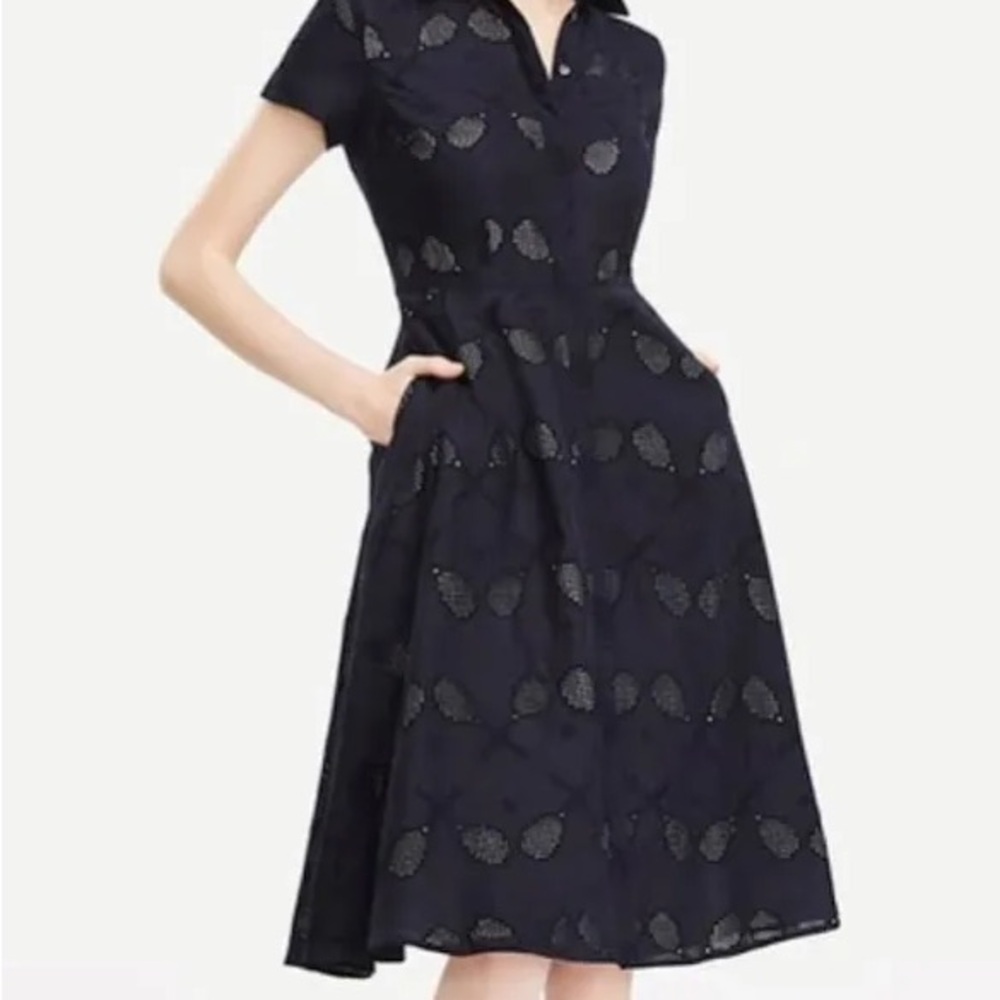 Ann Taylor Navy Eyelet Midi Shirt Dress